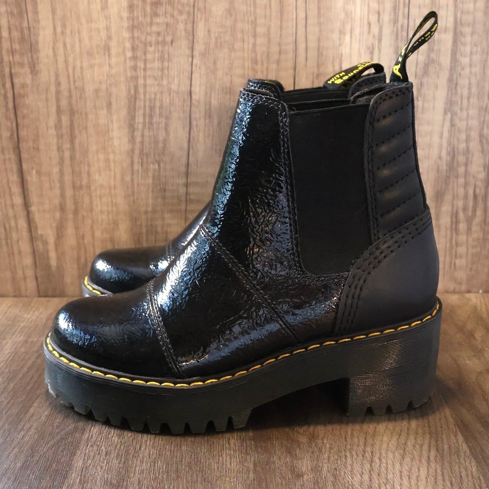 Dr. Martens Rozalie Distressed Patent Heeled Chelsea Boots Black Melbourne Sz 6